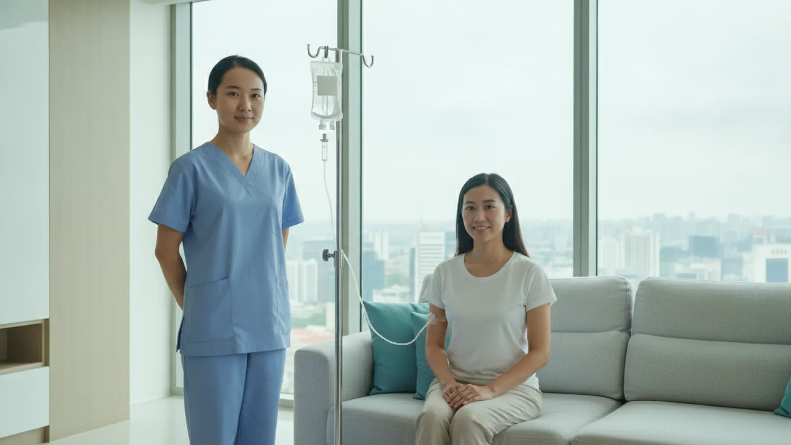 Intravenous drip line and fluid bag in a clinical setting