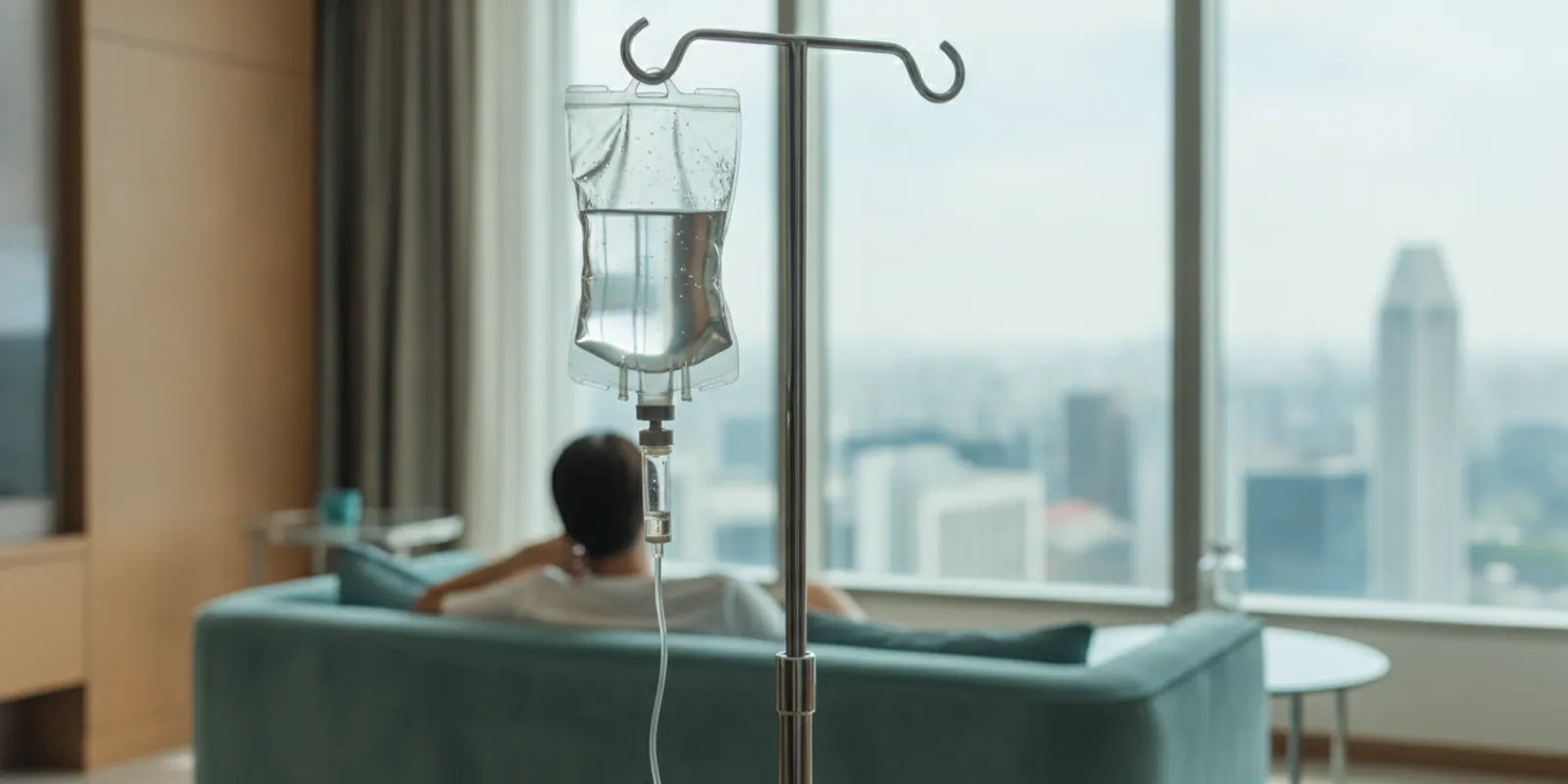 A saline and vitamin infusion bag connected to an IV line